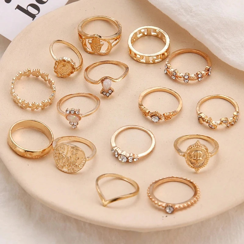 15Pcs Vintage Rings Set For Women Fashion Cross Floral Palm Pattern Crystal Geometric Rings Trendy Finger Jewelry Gifts 251031