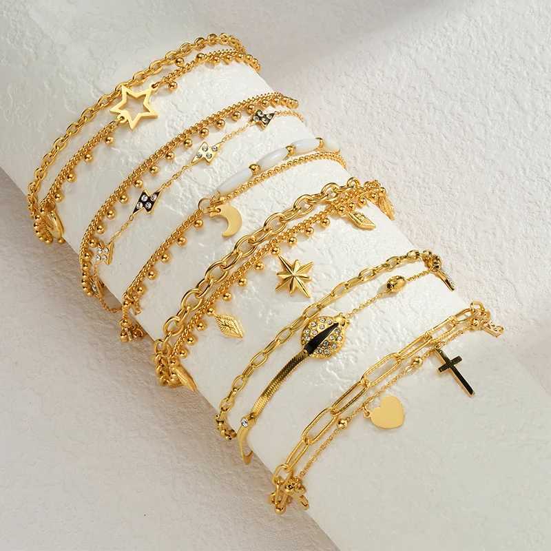 Popular stainless steel star moon sparkling zircon bracelet geometric double-layer bracelet party gift fashionable womens jewelryXJ250402