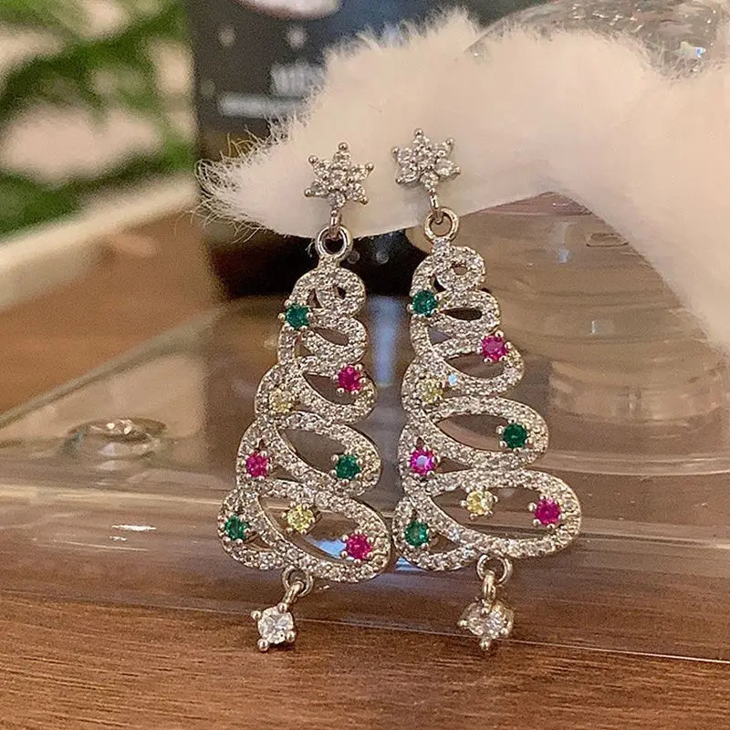 Colorful Rhinestone Christmas Tree Dangle Earrings for Women Exquisite Zircon Star Year Earrings Girls Party Jewelry 251031