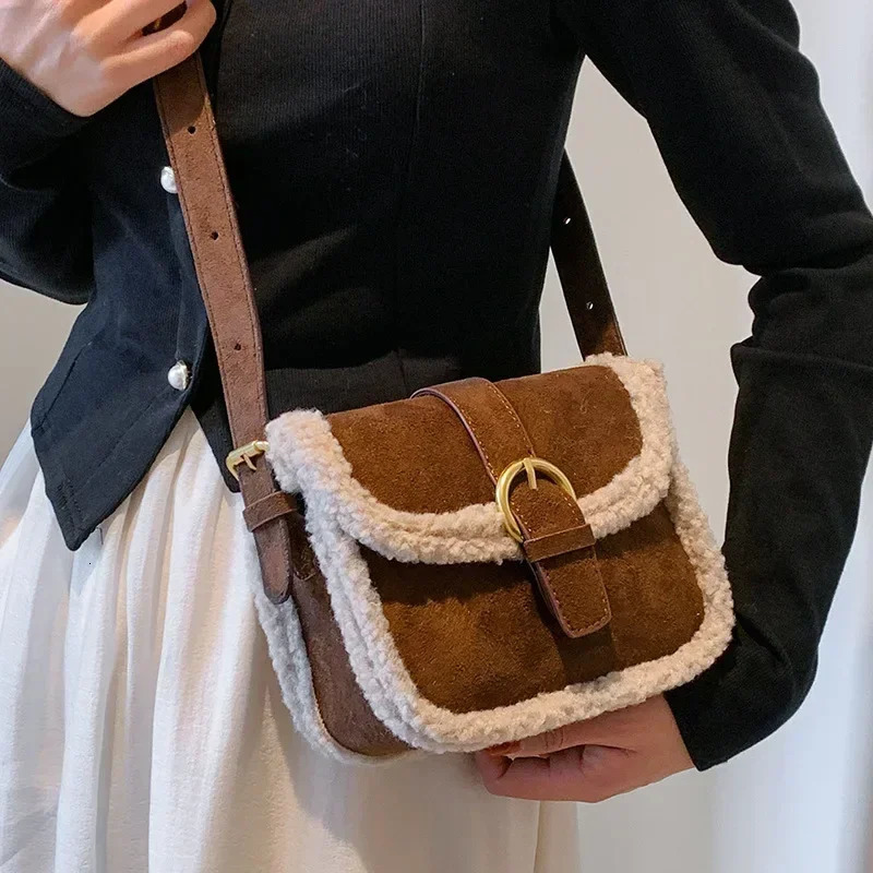 Autumn Winter Plush Bag Womens Korean Retro Small Square Handbags Suede Lamb Wool Patchwork Shoulder Crossbody Bags 251030