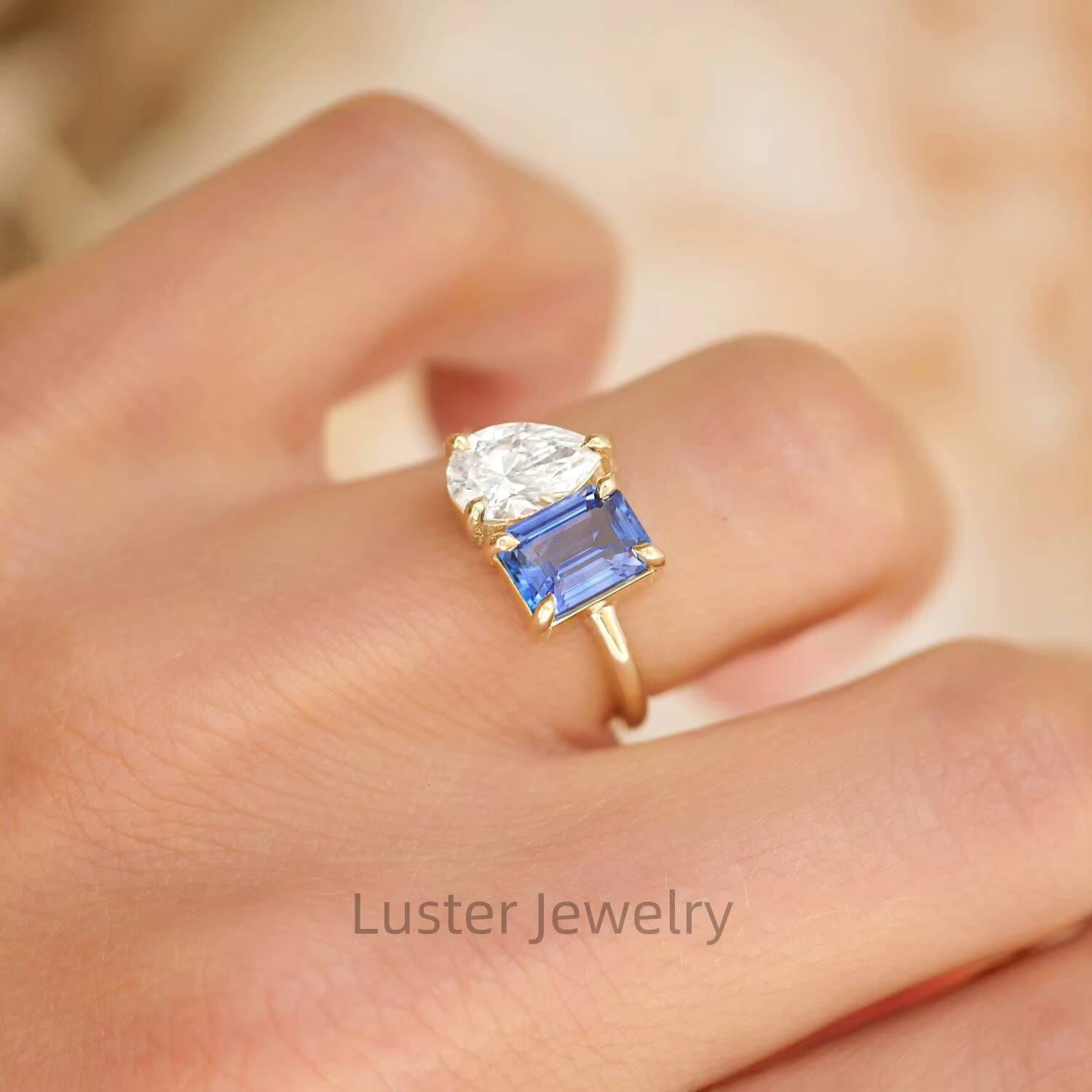 Luster Toi Et Moi 10K 14K 18K Gold Two Stone Ring Lab Grown Blue Sapphire and 1carat Moissanite Ring Wedding Engagement Ring