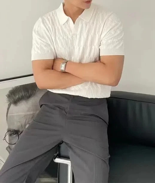 Fashionable and Korean version solid color slim fit ice silk polo shirt short sleeved mens casual lapel bottom shirt 250327