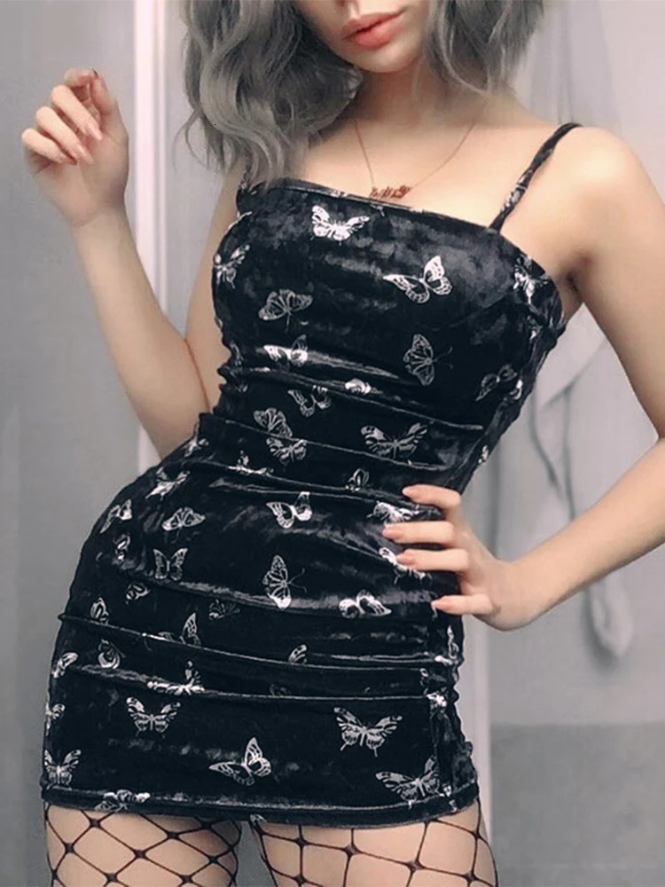 Harajuku black dress Gothic spaghetti strap strapless fashionable casual printed sexy 250402m
