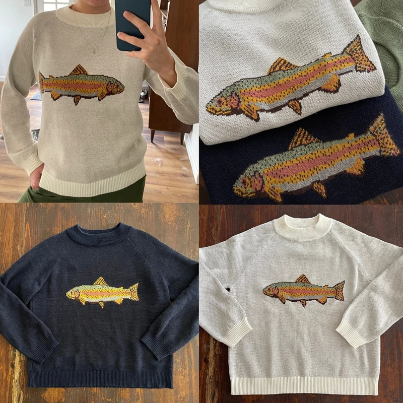 Women Autumn Winter Y2K Loose Fit Sweater Round Neck Aesthetic Fish Print Contrast Color Knitwear Pullover Top Streetwear 251028