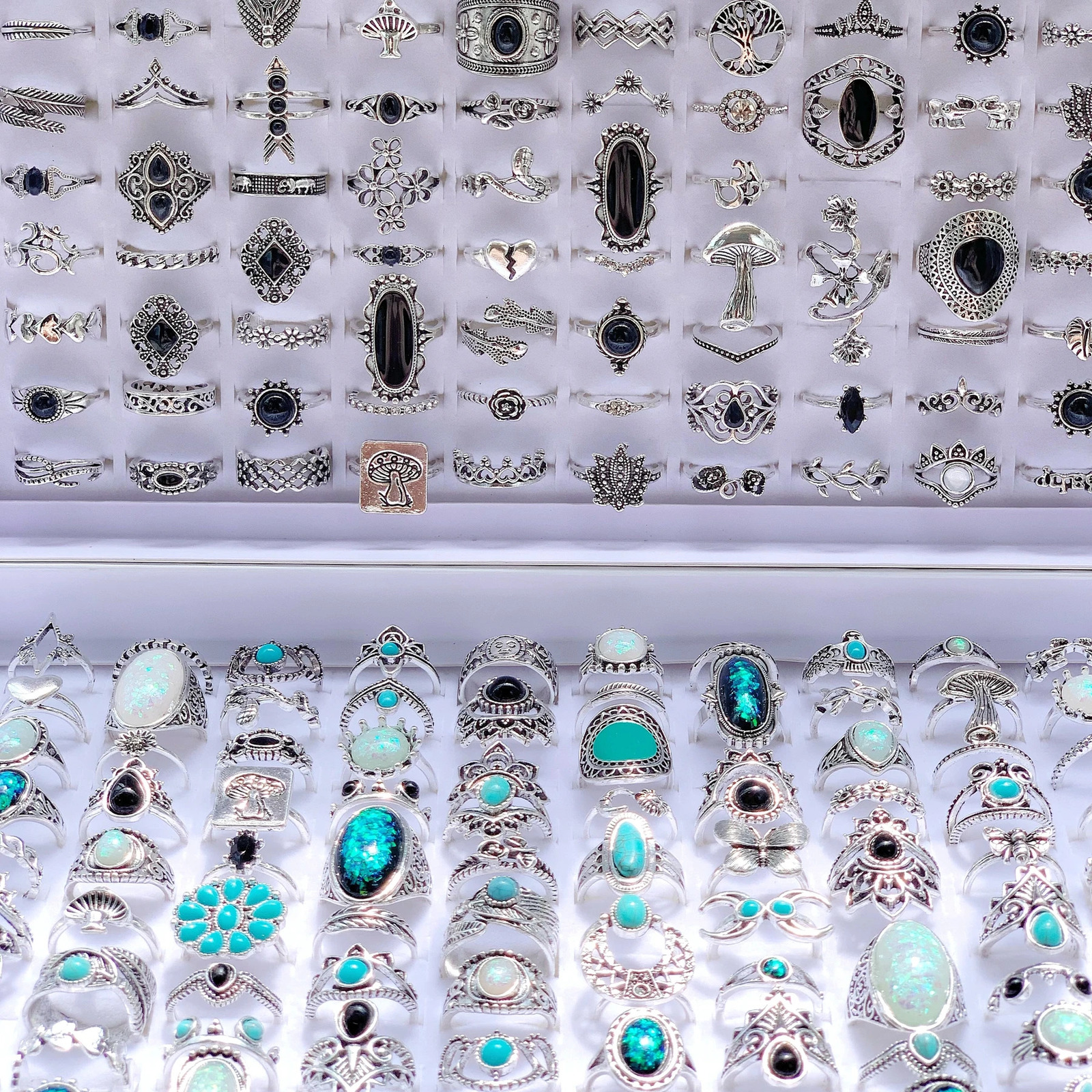 20pcsLot Mixed Style Turquoise Stone Flower Vintage Rings Women Bohe Ethnic Metal Plated Silver Charm Party Gift Finger Jewelry 251031