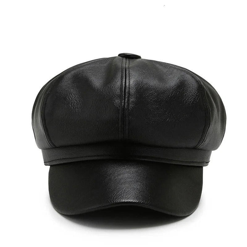 Women Men PU Leather Berets Hat Retro British Solid Beret Baseball Cap Outdoor Sun Hat Winter Warm Octagonal Hats sboy Caps 251031
