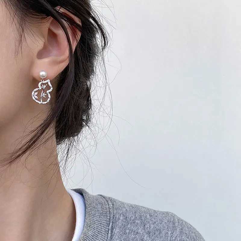 Light Luxury Exquisite Full Zirconium Bamboo Leaf Gourd Pearl Stud Earrings For Women Fashion Crystal Jewelry Party Gifts Y250401