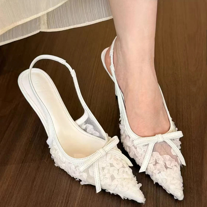 Womens Slingbacks High Heels Fashion Dresses Pump Printed Slip on Bow Tie Pointed Toe Thin Sandals 250402BJ