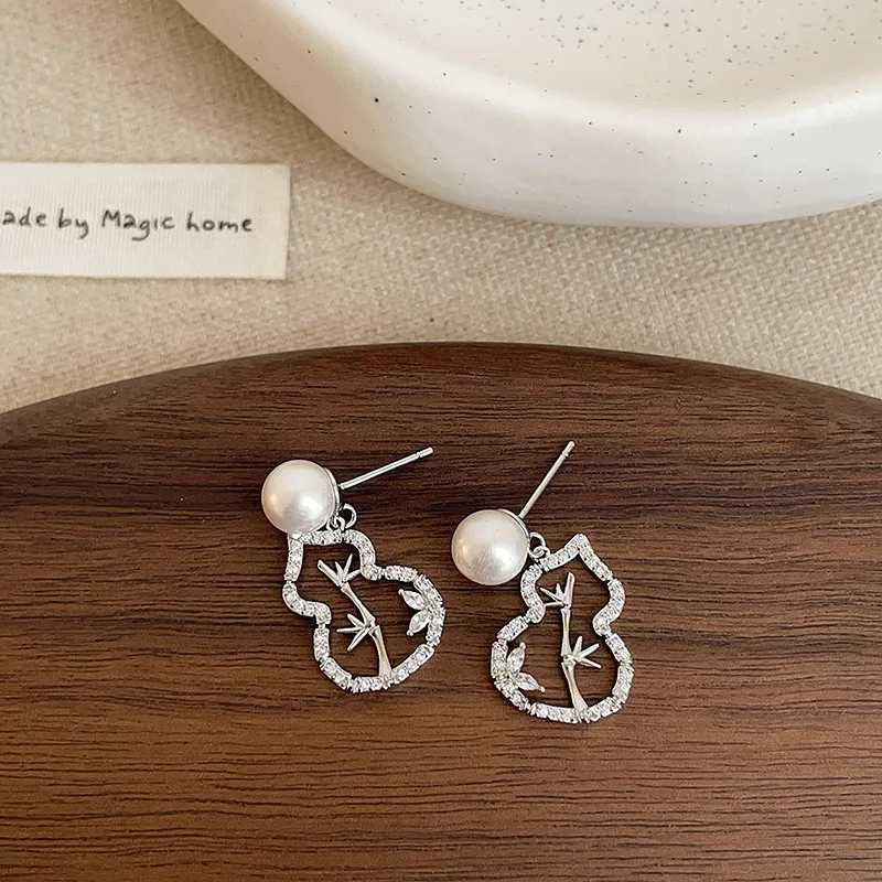Light Luxury Exquisite Full Zirconium Bamboo Leaf Gourd Pearl Stud Earrings For Women Fashion Crystal Jewelry Party Gifts Y250401