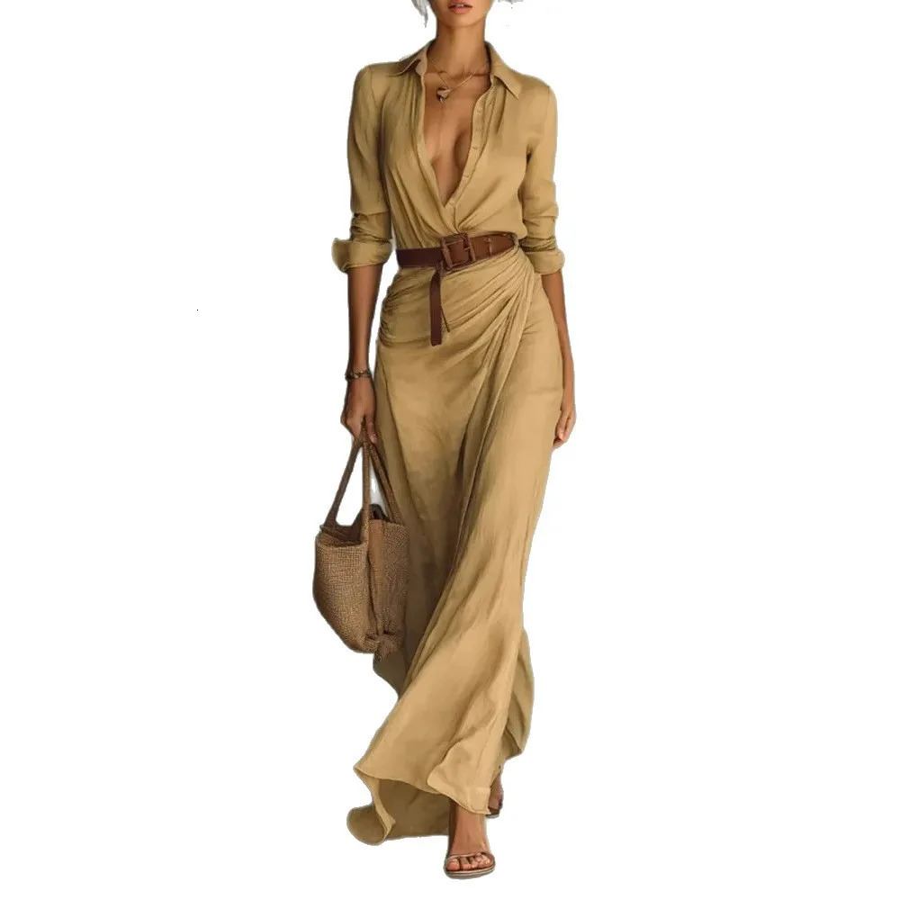 2025 Buttons Draped Chic Party Dress Spring Autumn Women Turn Down Collar Simple Maxi Long Sleeve Elegant Ladies 251030