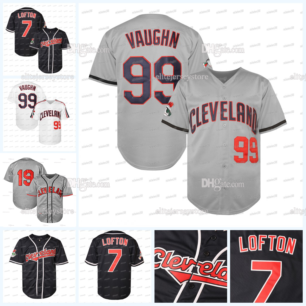 In stock Men's 99 Ricky Vaughn 7 LOFTON 19 Bob Feller Retro Baseball Jersey Stitched Embroidered Polyester Retro Classic Letter Number Movie Jers