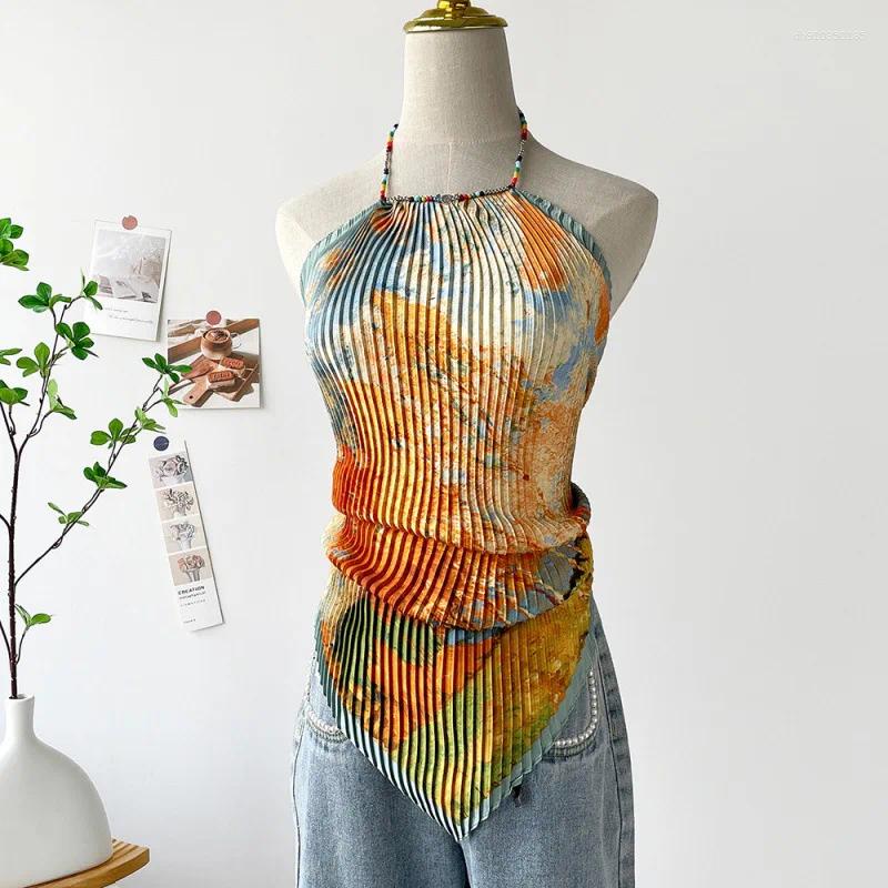 Womens T Shirts Silk Scarf Halter Top For Women Luxury Travelers Featuring Oil Painting Satin Chic Elegant Crop Tops Summer Holiday Clothes