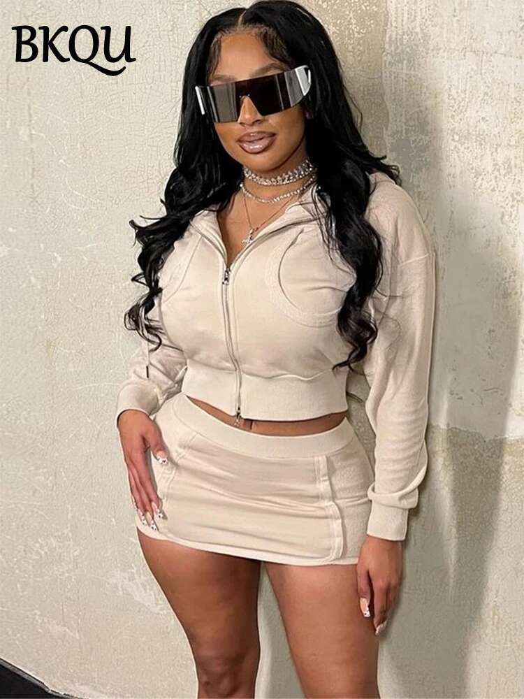 Casual Hoodie 2 Piece Women Sets Autumn Fashion Crop Zipper Jacket And Hip Wrap Mini Skirt Matching Tracksuit Outfits