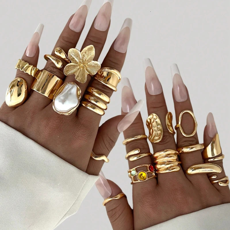 61420 Pcs Pearl Flower Zircon Rings Set for Women Vintage Elegant Irregular Gold Color Open Ring Party Jewelry Gifts 251031