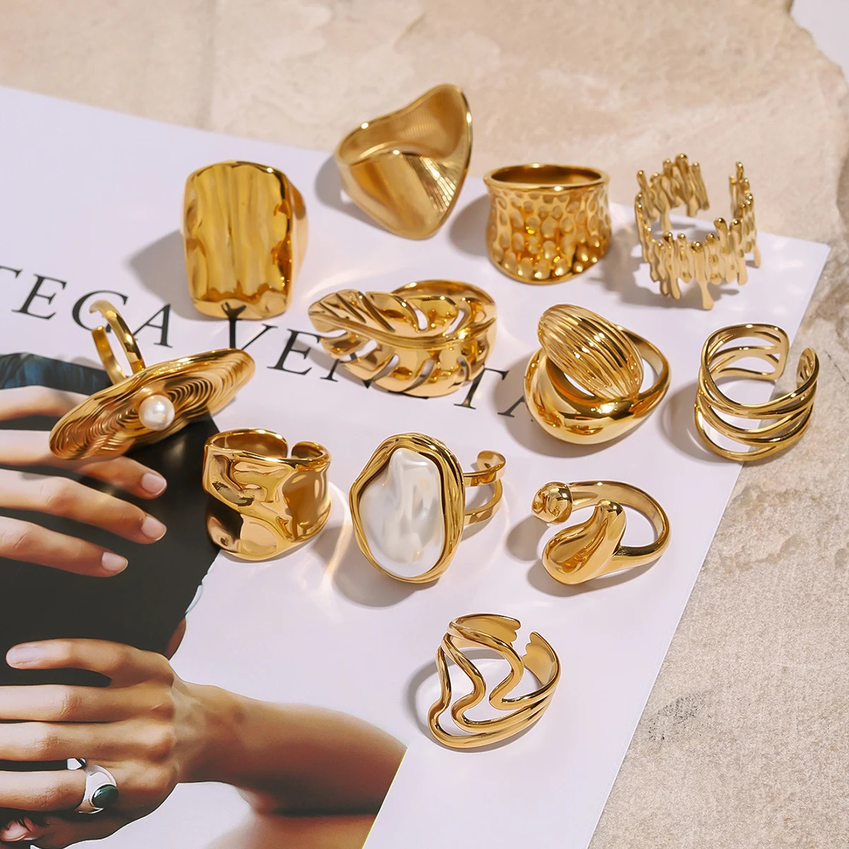 Uworld Fashion Pearl Leaf Ring Stacked Texture Strip Gold Color Adjustable Ring Womens Jewelry Gift For Her 251031