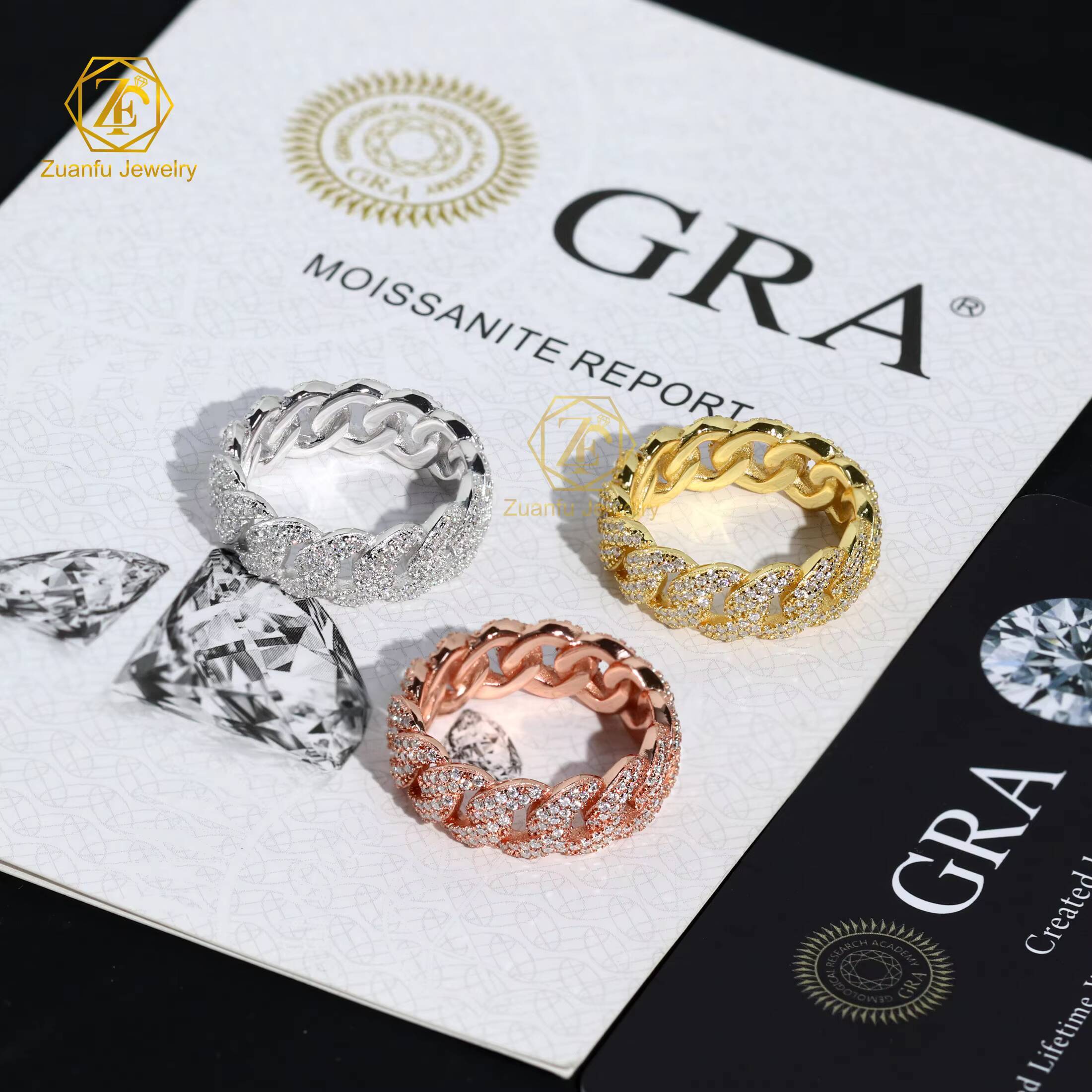 RTS Fashionable Wholesale Hip Hop Rhinestone Chain Ring Jewelry Moissanite Diamond 7mm Cuban Link Chain Band Ring for Men