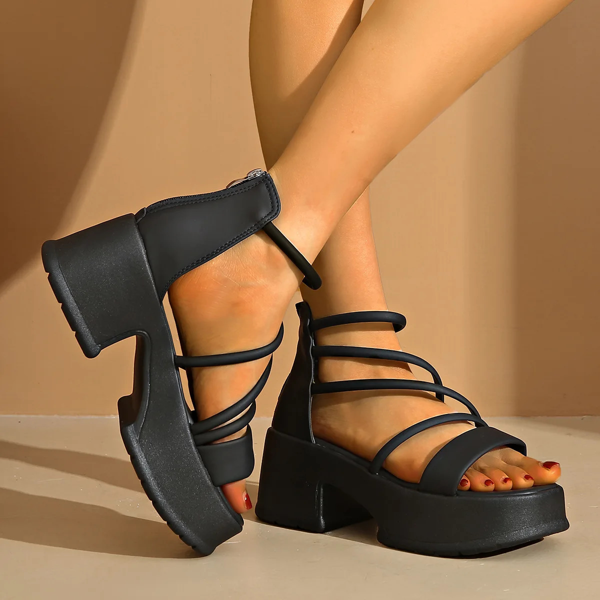 Womens Platform Bottom Sandals ZIP Heel Packaging Square Summer Dress Full Set 75cm Height De Mujer 250402BJ - view 3
