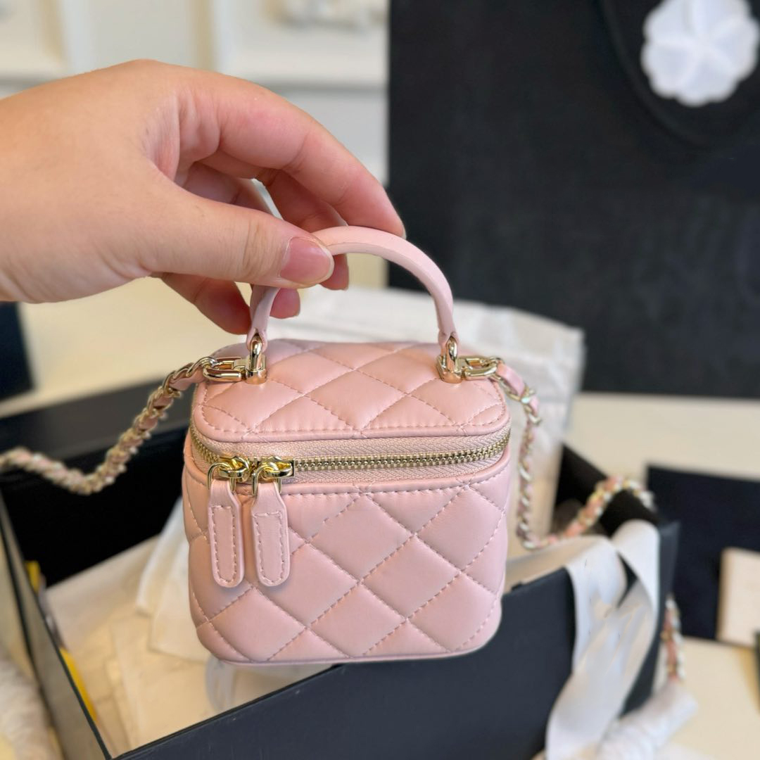 10cm 9 Colors Ladies Designer Lambskin Suitcase Lipstick Vanity Box Bags Mirror Leather Handle Totes Clutch Lipstick Makeup Cosmetic Case Tiny Bag Crossbody Purse