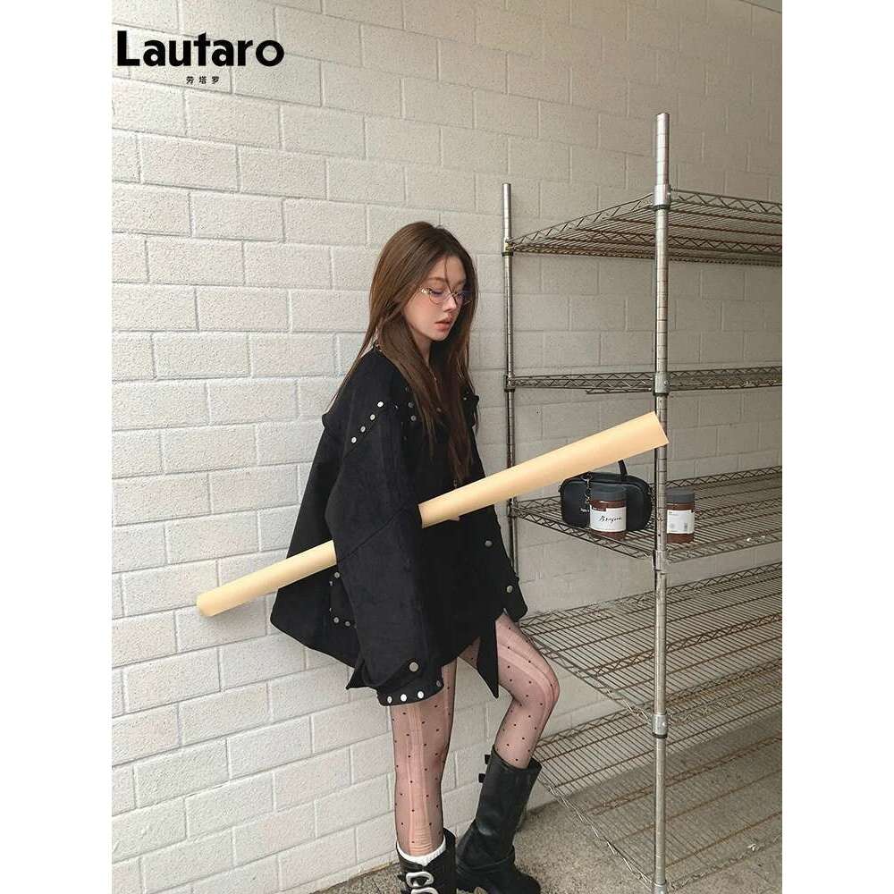 hoodie Baseball Jacket Lautaro Spring Autumn Cool Brown Oversized Soft Faux Suede Leather Jacket Women Rivet Long Sleeve Maillard Style Retro Clothing