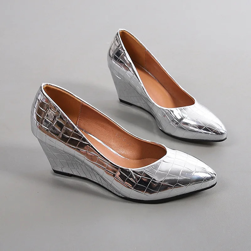 SpringSummer Wedge High Heels Womens Party Shoes Fashion Office Pointed Toe Plus Size 42 Gold Silver Black Pump 250402BJ - view 5