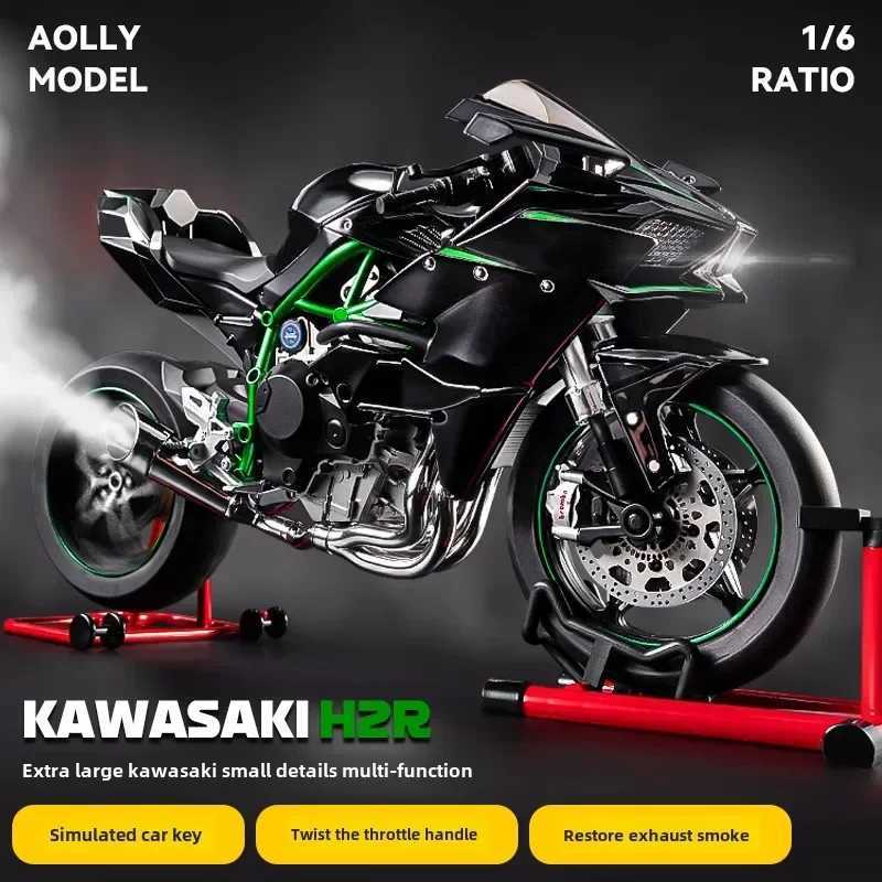 Alloy racing motorcycle model die-casting spray 1 6 Kasaki H2R sound and light can guide motorcycle toy birthday gift Z250402