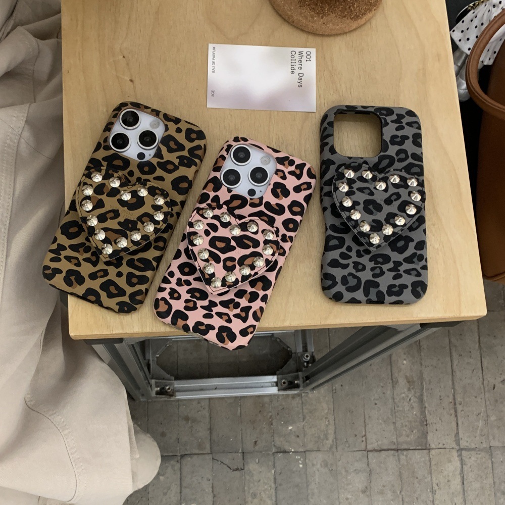 Leopard Print Rivet Heart Stand Phone Case Compatible with iPhone 17/16/15 Simple Shockproof iPhone 14 Cartoon 13
