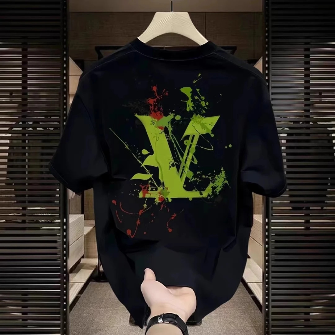 Designer short sleeve fashion pure cotton summer new men's printed T-shirt Trend casual round neck T-shirt men plus size black white