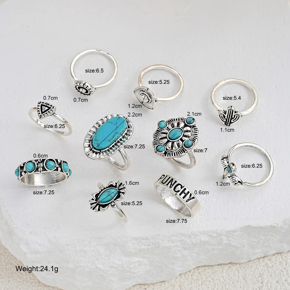 10 Pcs Exquisite Bohemian Turquoise Ring Set Fashion Vintage ns Floral Heart Geometric Rings Daily Wear Jewelry Gift 251031