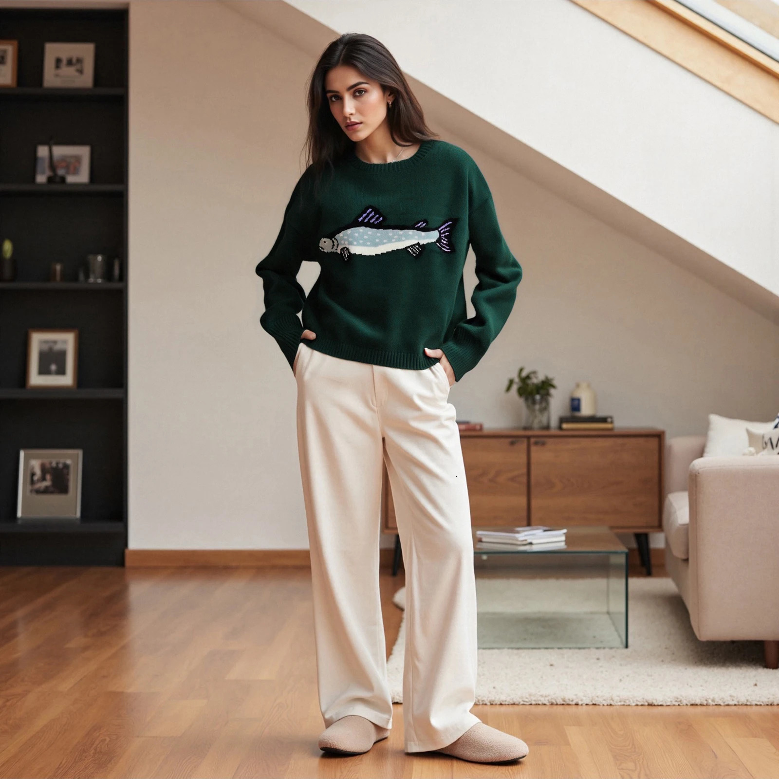 Women Autumn Knitted Fish Print Sweaters Cute Graphic Oversized Knitwear Long Sleeve Pullover Loose Fit Streetwear Y2k Tops 251028