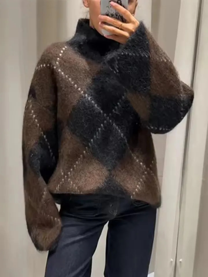 Brown Vintage Argyle Plaid Knitted Dress Sets Women Causal Turtleneck Loose Sweater Knit Mini Skirts Set Winter Women Knitwear251027