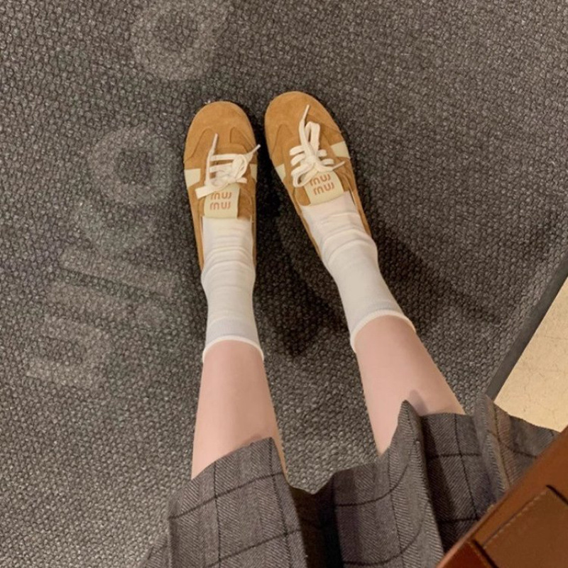 designer shoes new Leather version! miu sweet elevator one-step-on versatile ballet German training shoes for women casual sports shallow-mouth single