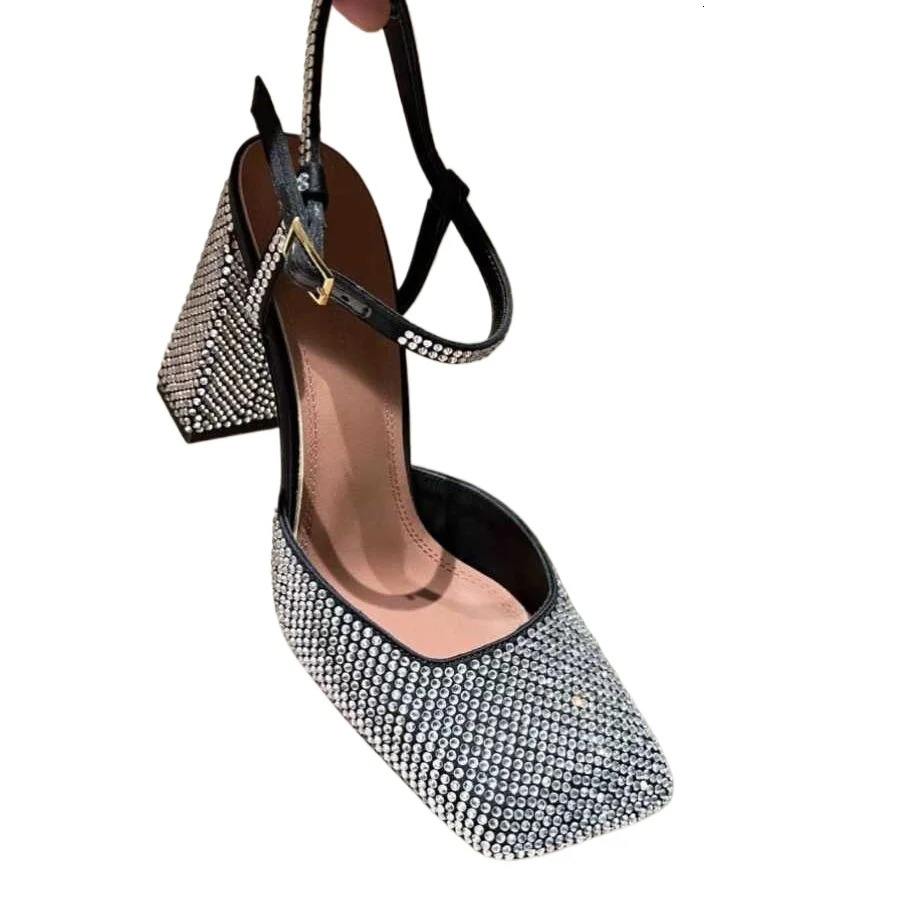 Sexy Rhinestone Buckle Womens Chunky High Heels Square Toes Sandals Party Elegant Block High Heels Sandalias Mujer 251030