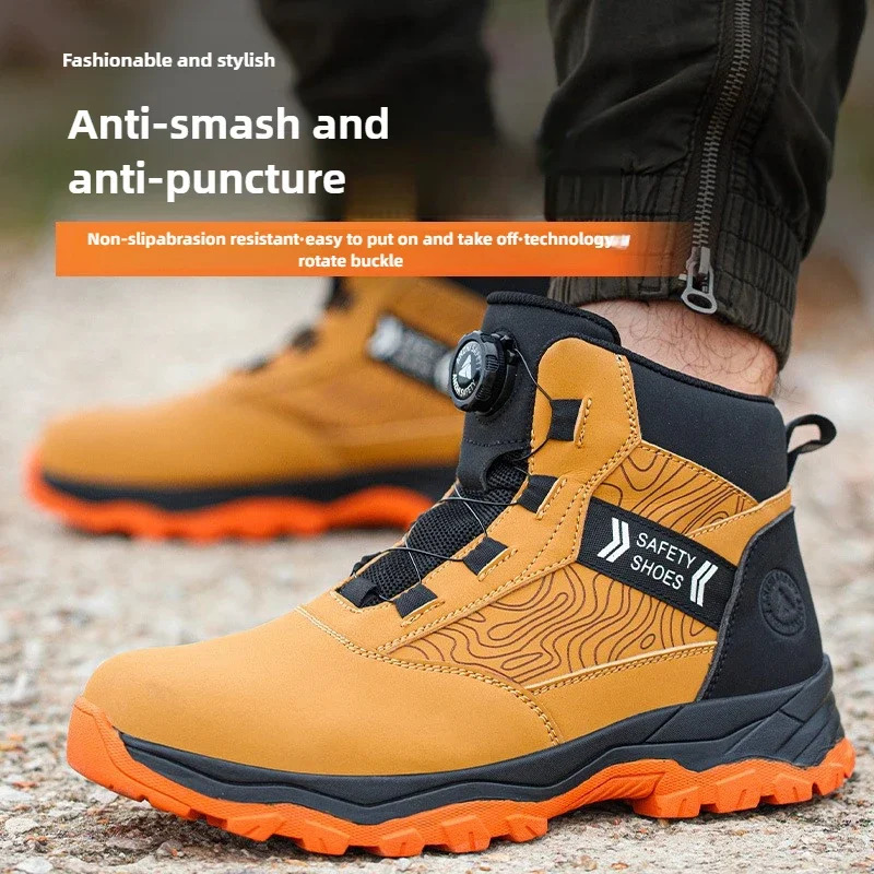 waterproof work shoes high man rotating button safety shoes antislip rubber outsole work boots sneakers with steel toe cap 251030