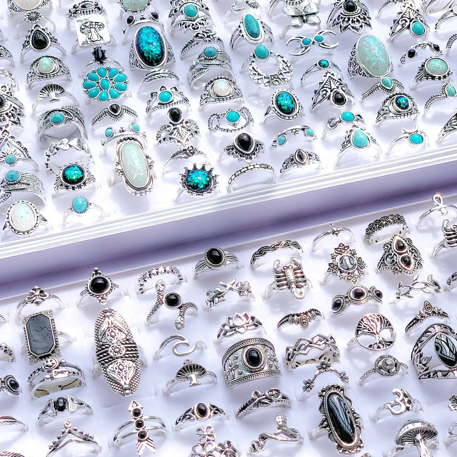 20pcsLot Mixed Style Turquoise Stone Flower Vintage Rings Women Bohe Ethnic Metal Plated Silver Charm Party Gift Finger Jewelry 251031