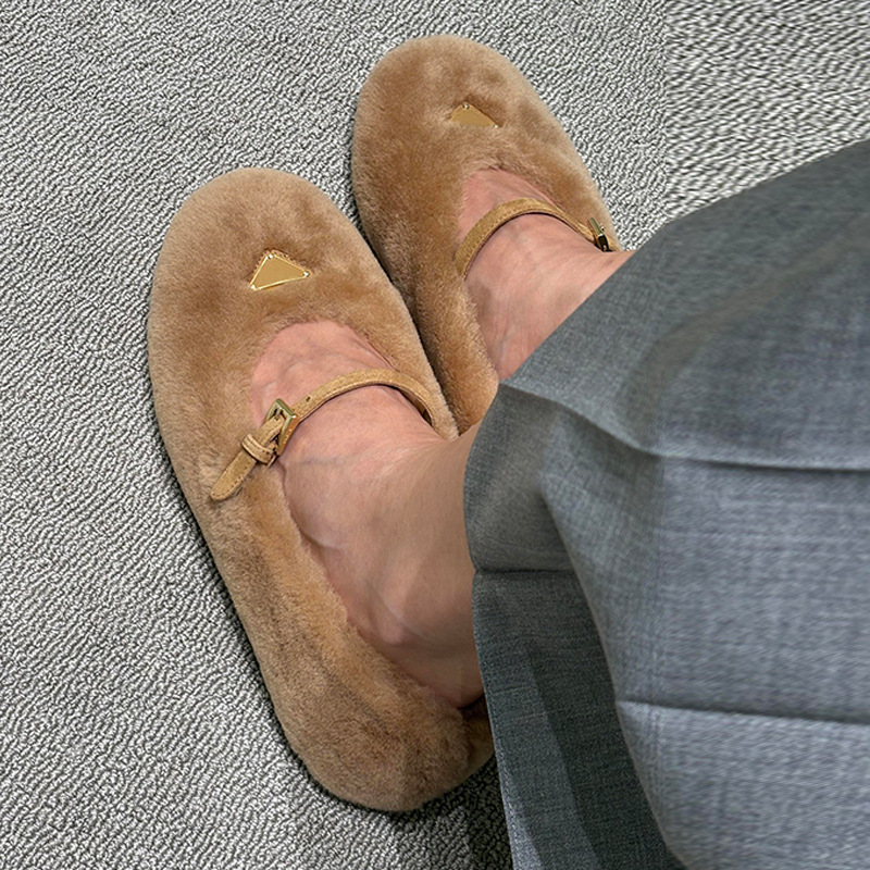 2025 Sheepskin version ~ triangle label new leather Mary Jane flat ballerinas with buckle strap shallow wool shoes