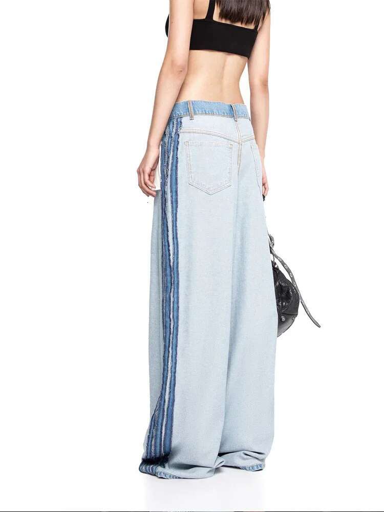 Vintage Patchwork Women Denim Pants Low Rise Baggy Wide Leg Jeans Distressed Dragging Trousers High Street Hip Hop Casual Pant