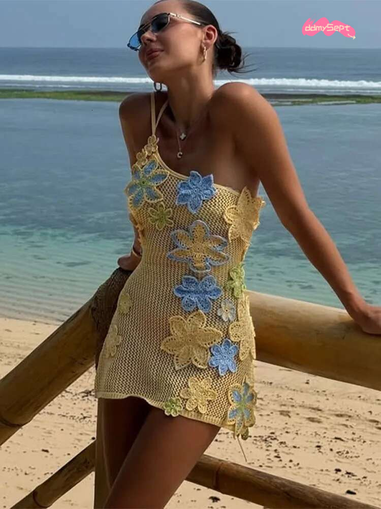 Sexy Knitted Lace Up Backless Beach Dress Women Casual Beads Single Shoulder Hollow Out Mini Dresses Female 2025 Chic Holiday #ddmySept