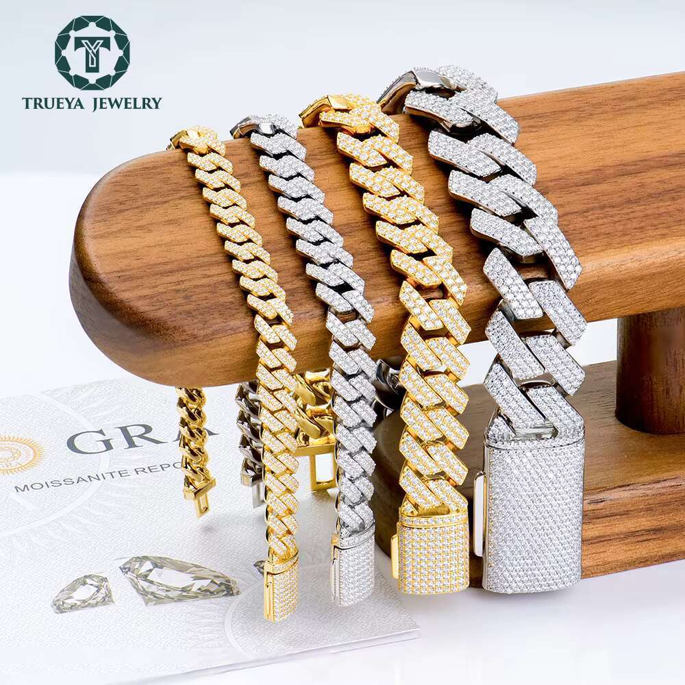 925 Sterling Silver 10mm /14mm Width Cuban Bracelet Moissanite Prong Setting Cuban Link Bracelet for Men