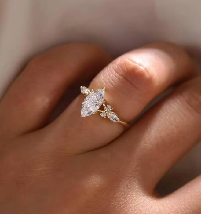 S925 Silver 15 CT Marquise Moissanite Diamond Engagement Ring Set Unique Rose Gold Diamond Leaf Band Bridal Set Promise Ring