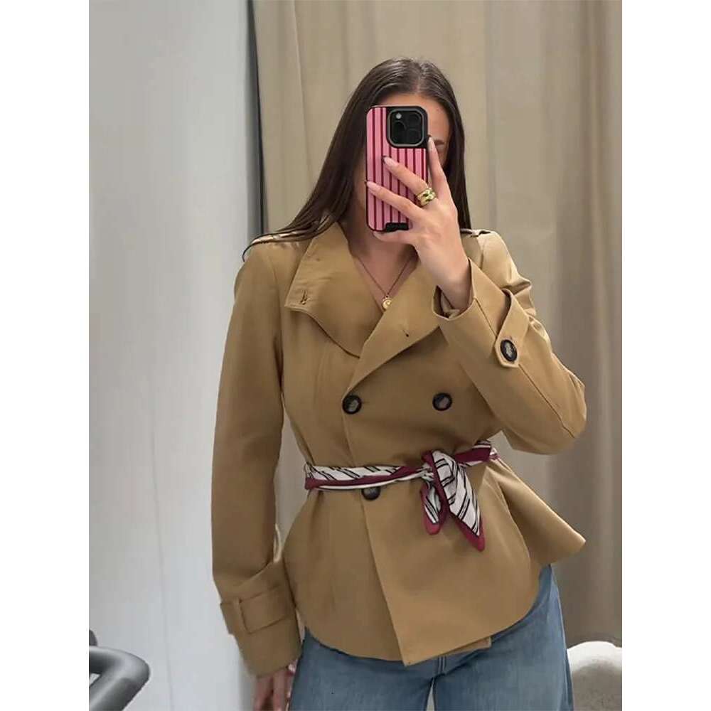 Women's Wear Fashion Printed Scarf Windbreaker Stand Collar Long Sleeve Double-Breasted Short Jackets 2025 Spring New Casual Chic Trench Coat