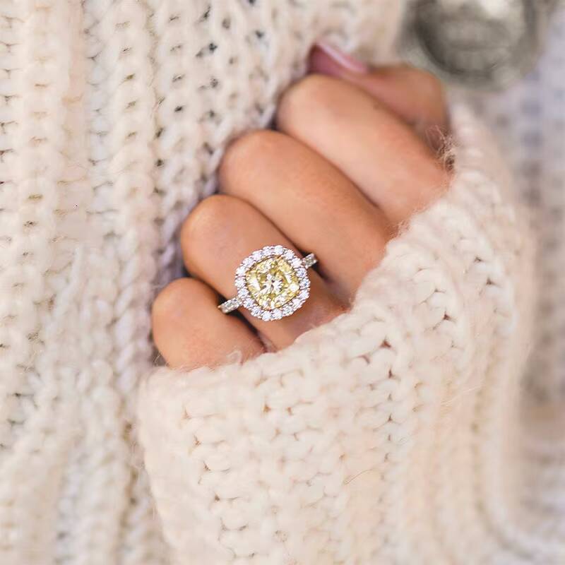 Luster Jewelry Fantastic 10K 14K 18K Gold Halo Canary Yellow 35 Carats Cushion Moissanite Eternity Ring for Engagement