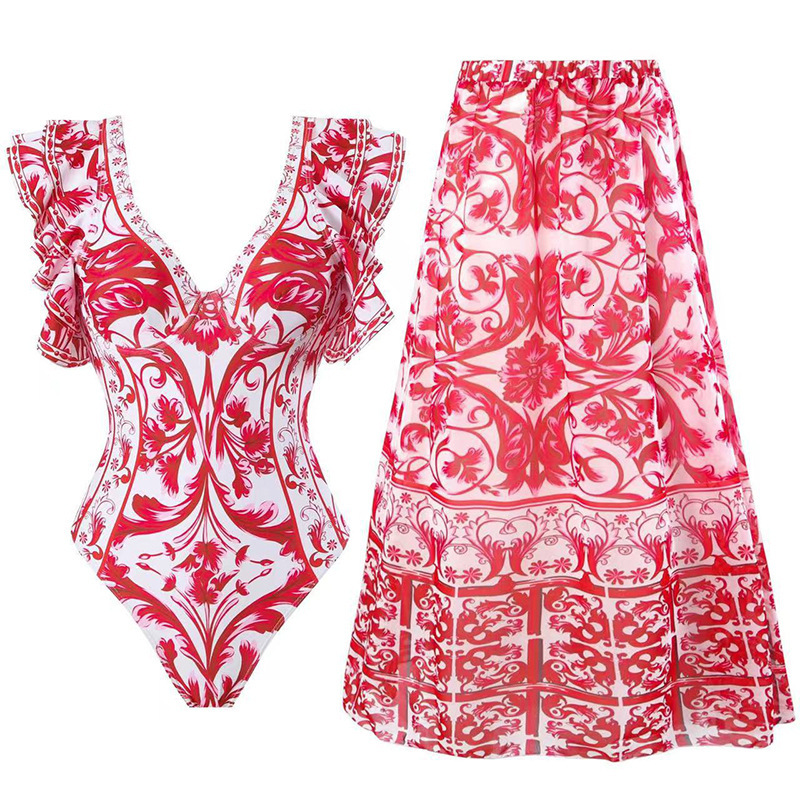 Bohemian style French fixed print fashion trend new jumpsuit wrapped skirt set swimsuit