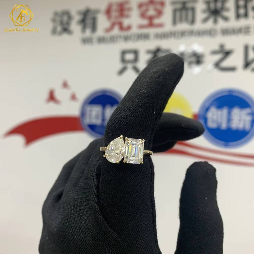 Toi Et Moi Engagement Ring 14K Yellow Gold D VVS1 Pear Emerald Double Stone Moissanite Wedding Ring Custom AU585 AU750