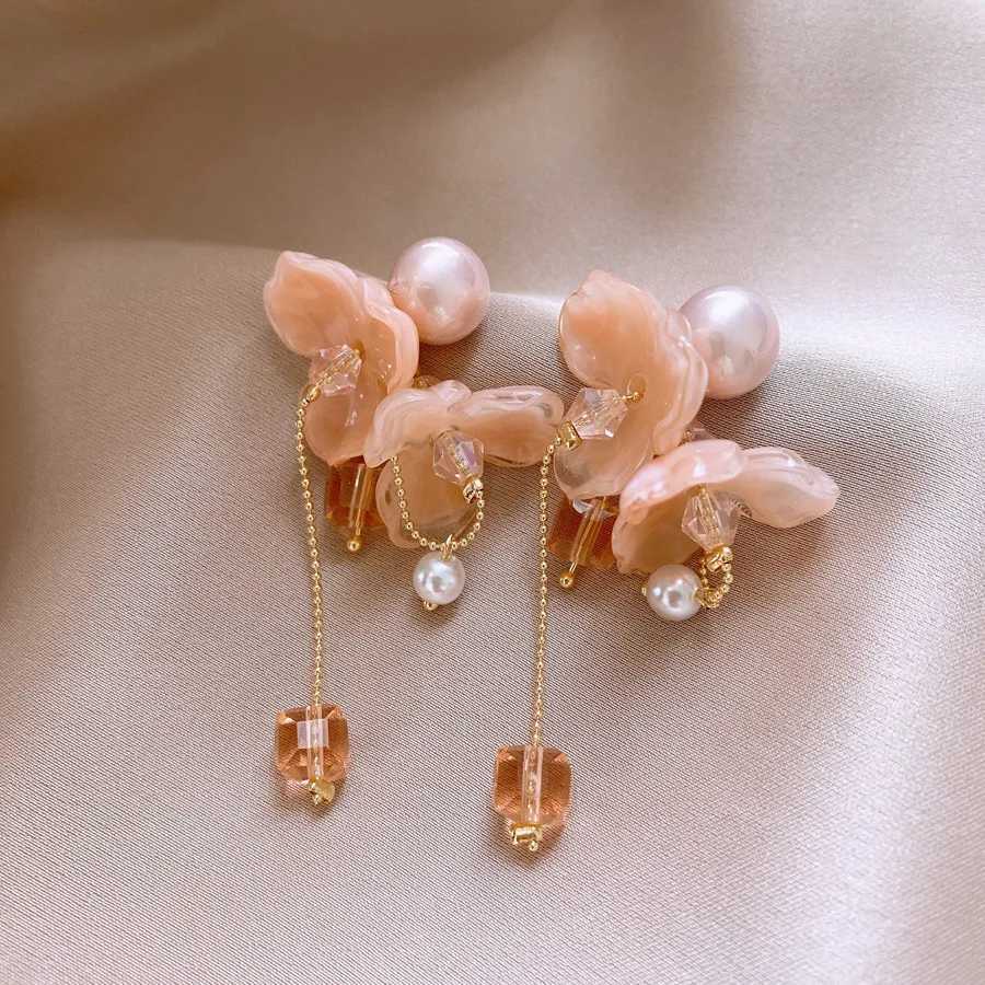 2025 New Arrival Sweet Pink Flower Tassel Pearl Dangle Earrings For Women Fashion Elegant Crystal Geometry Jewelry Gifts Y250401
