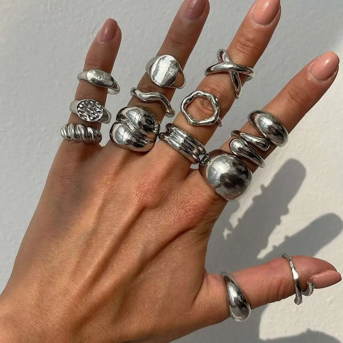 PuRui 14PcsSet Retro Creative Silver Color Rings for Women Men Gothic Chunky Thick Hollow Rings Finger Open Adjustable Jewelry 251031
