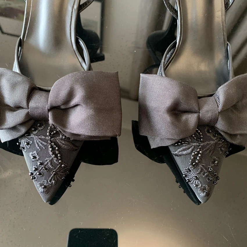 Black bow highheeled sandals for women in the summer of featuring a bounce back pump and retro satin angular heels elegant party shoes 250402BJ - view 7