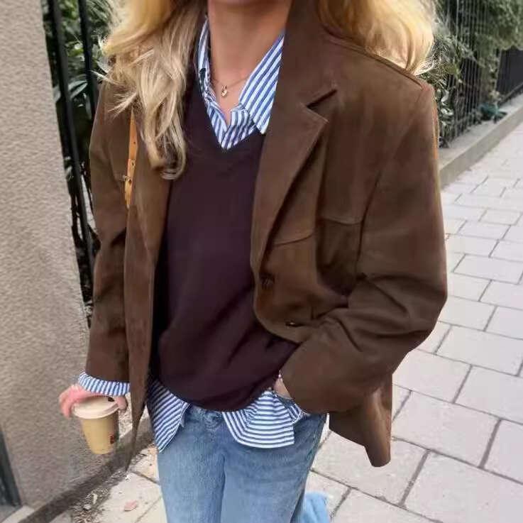 In Stock - Brown Retro Lapel Loose Jacket 2024 European and American Autumn Winter Melad Suede Suit