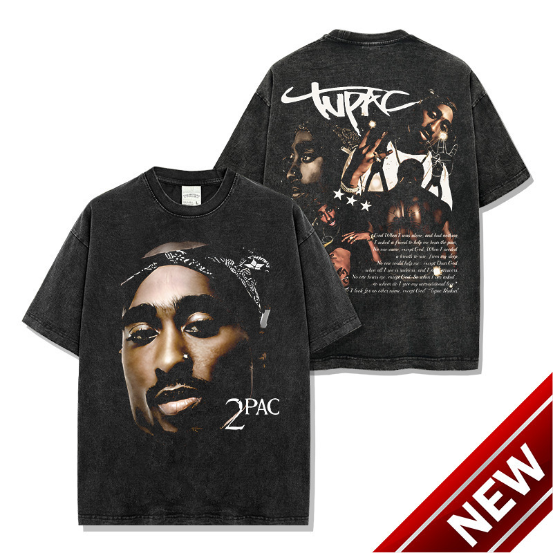 American tupac printed short sleeved t-shirt Vintage loose round neck hooded sweatshirt for men and women