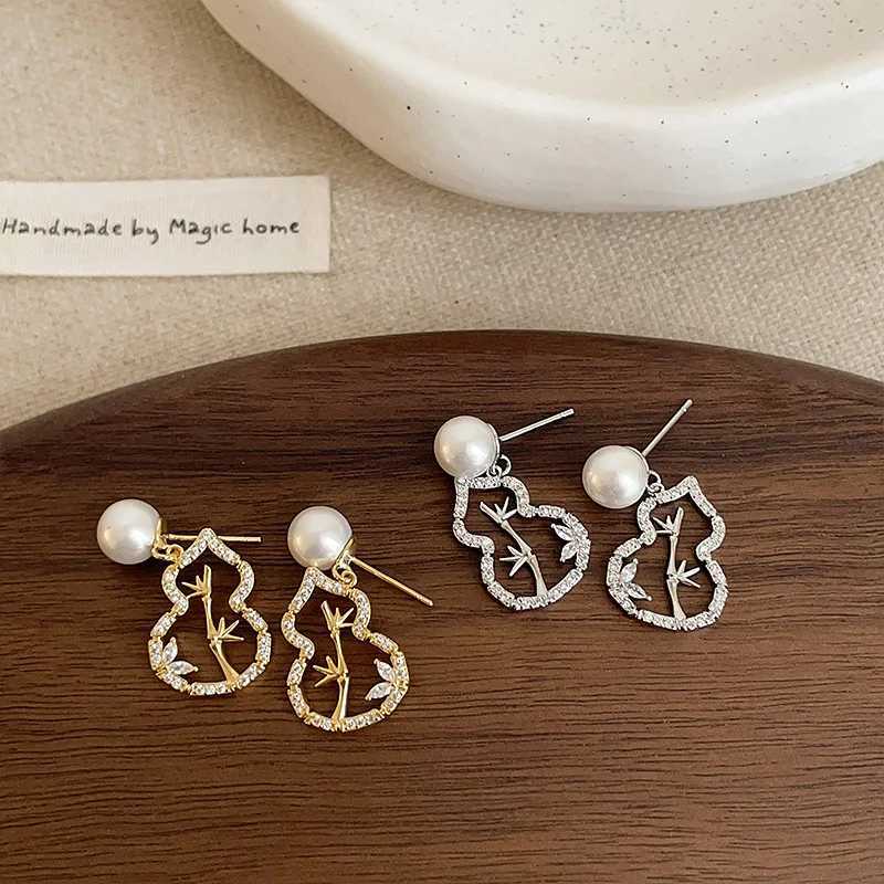Light Luxury Exquisite Full Zirconium Bamboo Leaf Gourd Pearl Stud Earrings For Women Fashion Crystal Jewelry Party Gifts Y250401