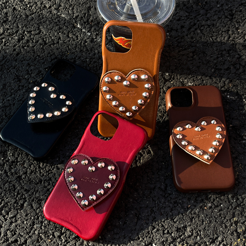 Cowhide Texture Heart Stand iPhone 17/16/15 Pro Max Solid Color Phone Case Compatible with iPhone 14/13/12